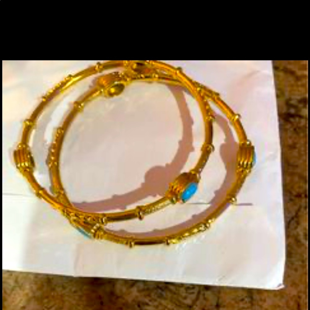 Two Brazilian gold never tarnished bangles size medium with faux turquoise